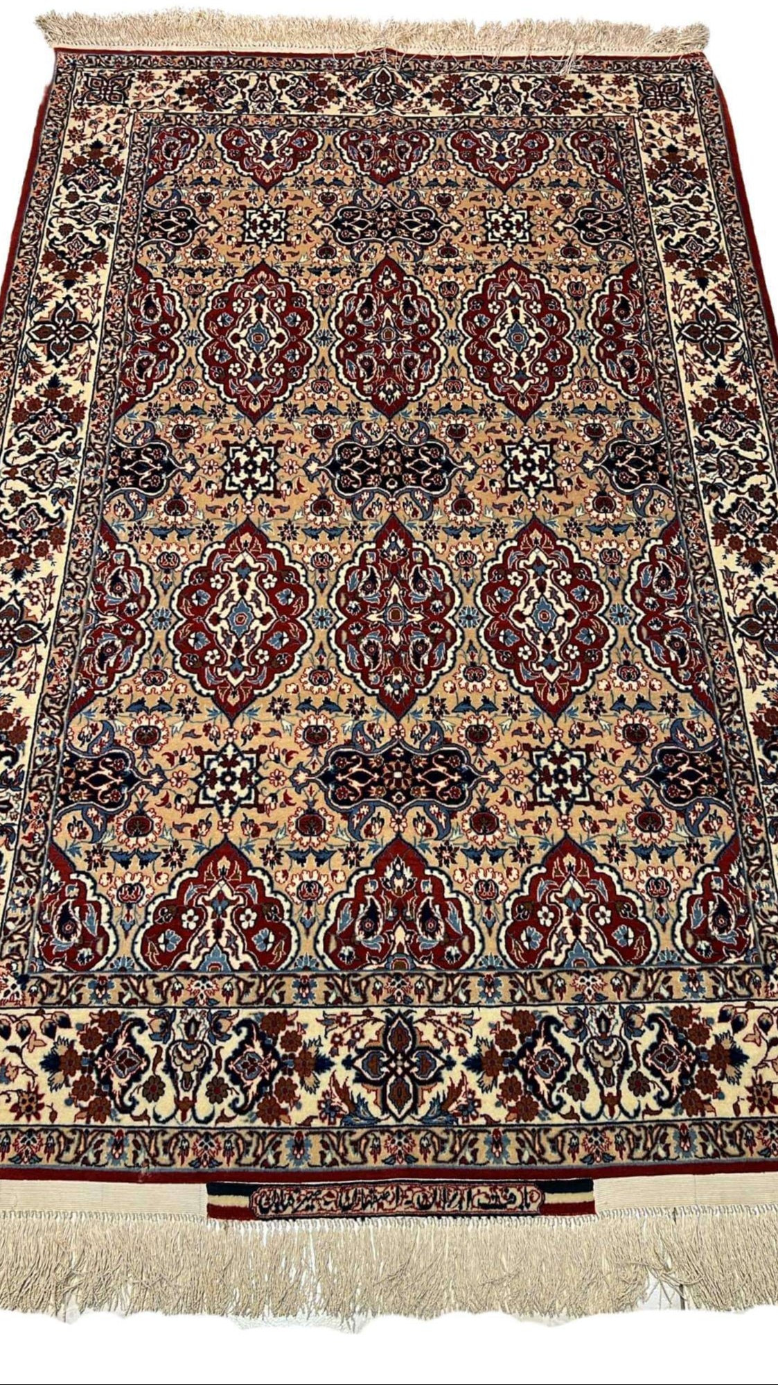 "Vintage Ahmad Seirafian Persian rug hand-knotted with wool and silk, showcasing intricate traditional patterns and natural dyes."
